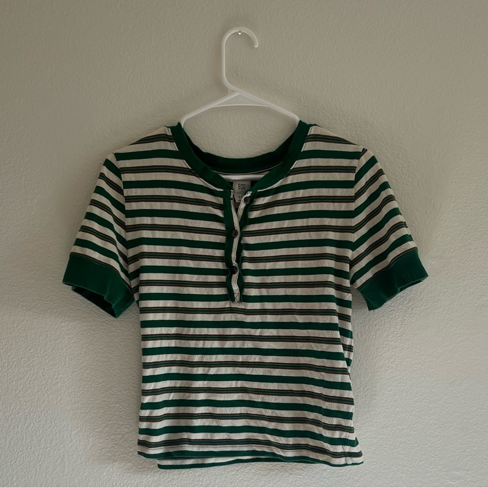 BDG UO Green Striped Tee w/ Buttons, Size Large